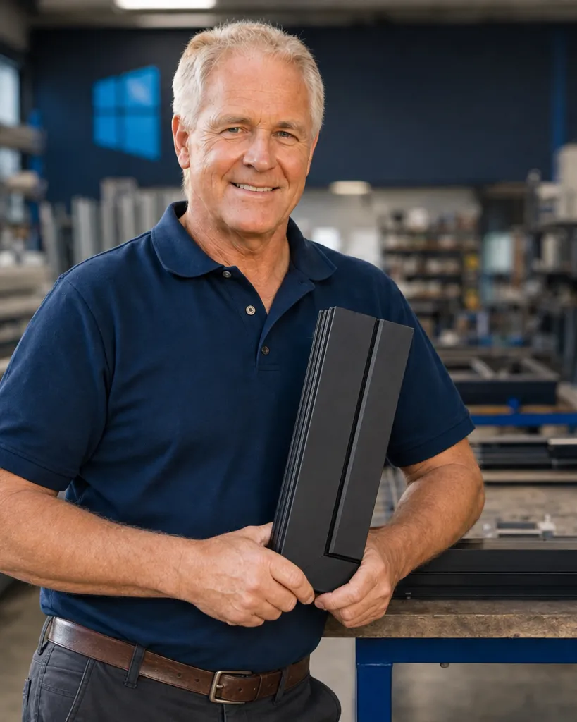 Picture Perfect Windows lead fabricator holding an aluminium frame corner sample at the workshop assembly bench