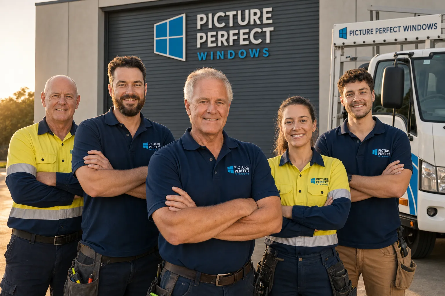 The Picture Perfect Windows team in branded workwear outside the Melbourne workshop with the delivery truck
