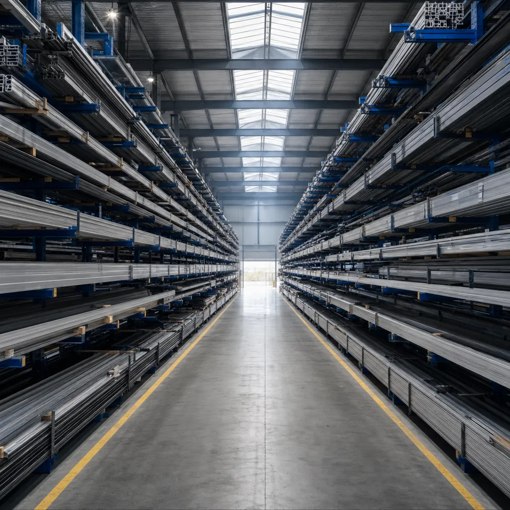 Aluminium extrusion racks inside the Picture Perfect Windows Melbourne workshop