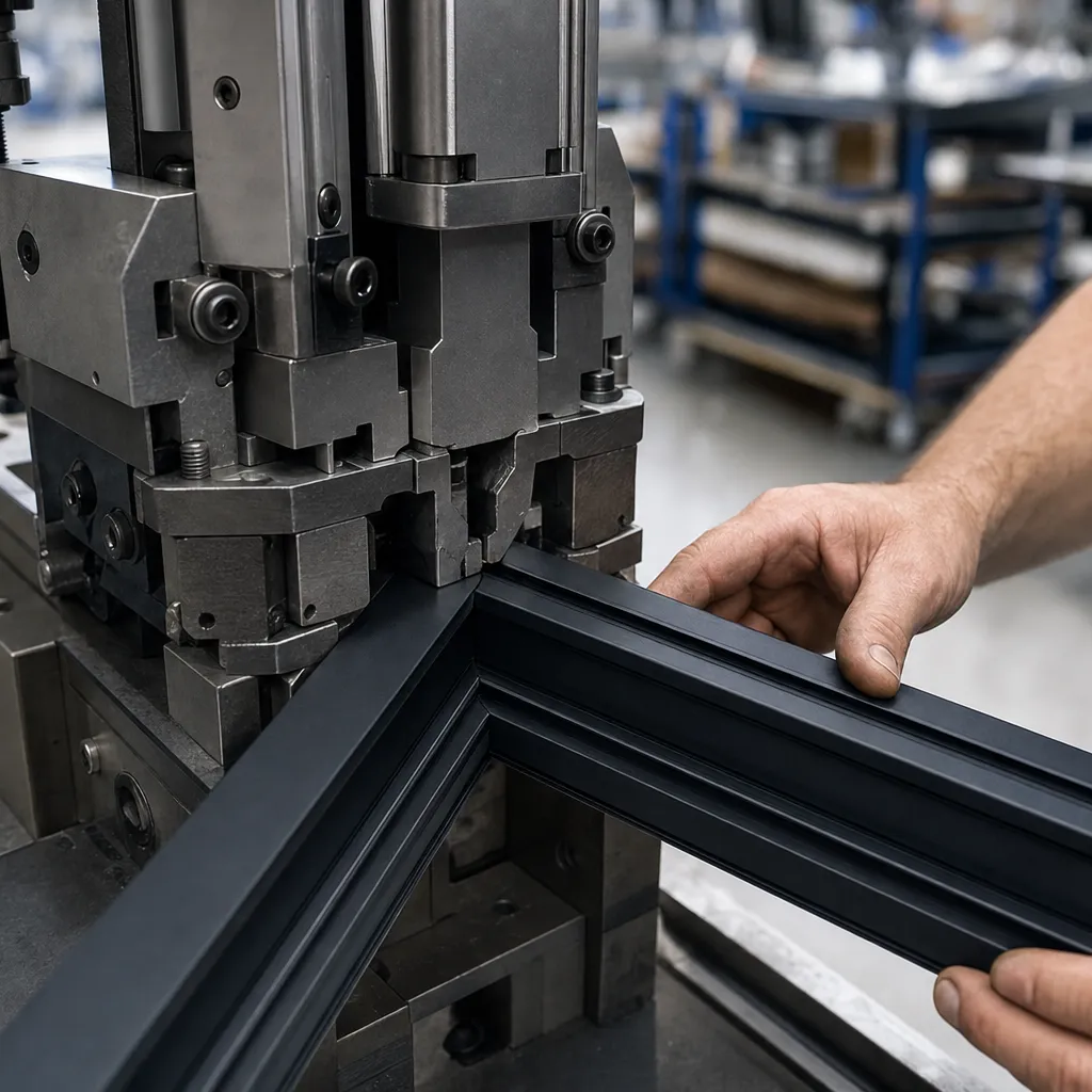 Close-up of an aluminium window frame corner being crimped during fabrication