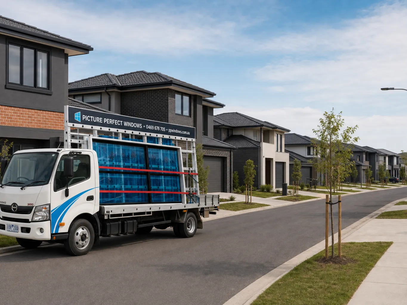 New-estate streetscape in Melbourne's northern growth corridor with freshly built homes and black aluminium windows