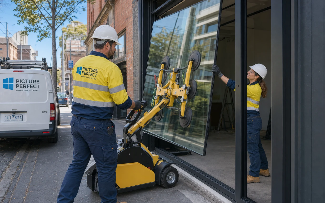 Glaziers using a vacuum glazing lifter to install a large shopfront glass panel into a black aluminium commercial frame on a Melbourne street