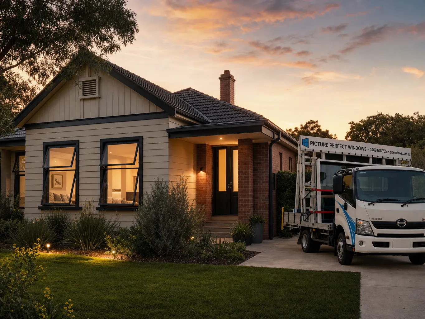 Melbourne family home at dusk with new black aluminium awning windows glowing warm