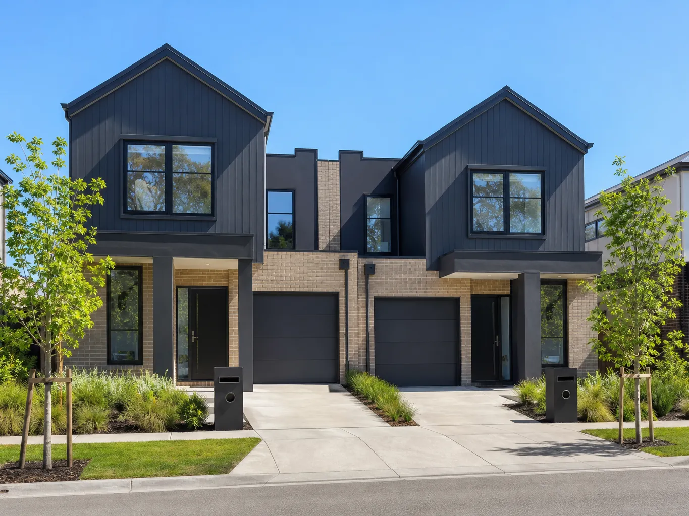 Completed dual-occupancy townhouse build with dark gable cladding and large black aluminium windows