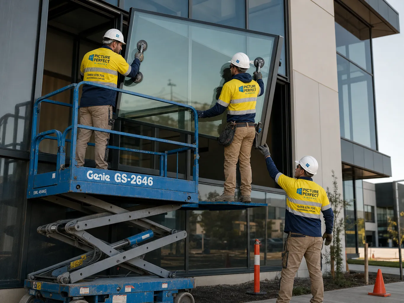 Two installers glazing a large commercial window panel with suction lifters, scissor lift behind