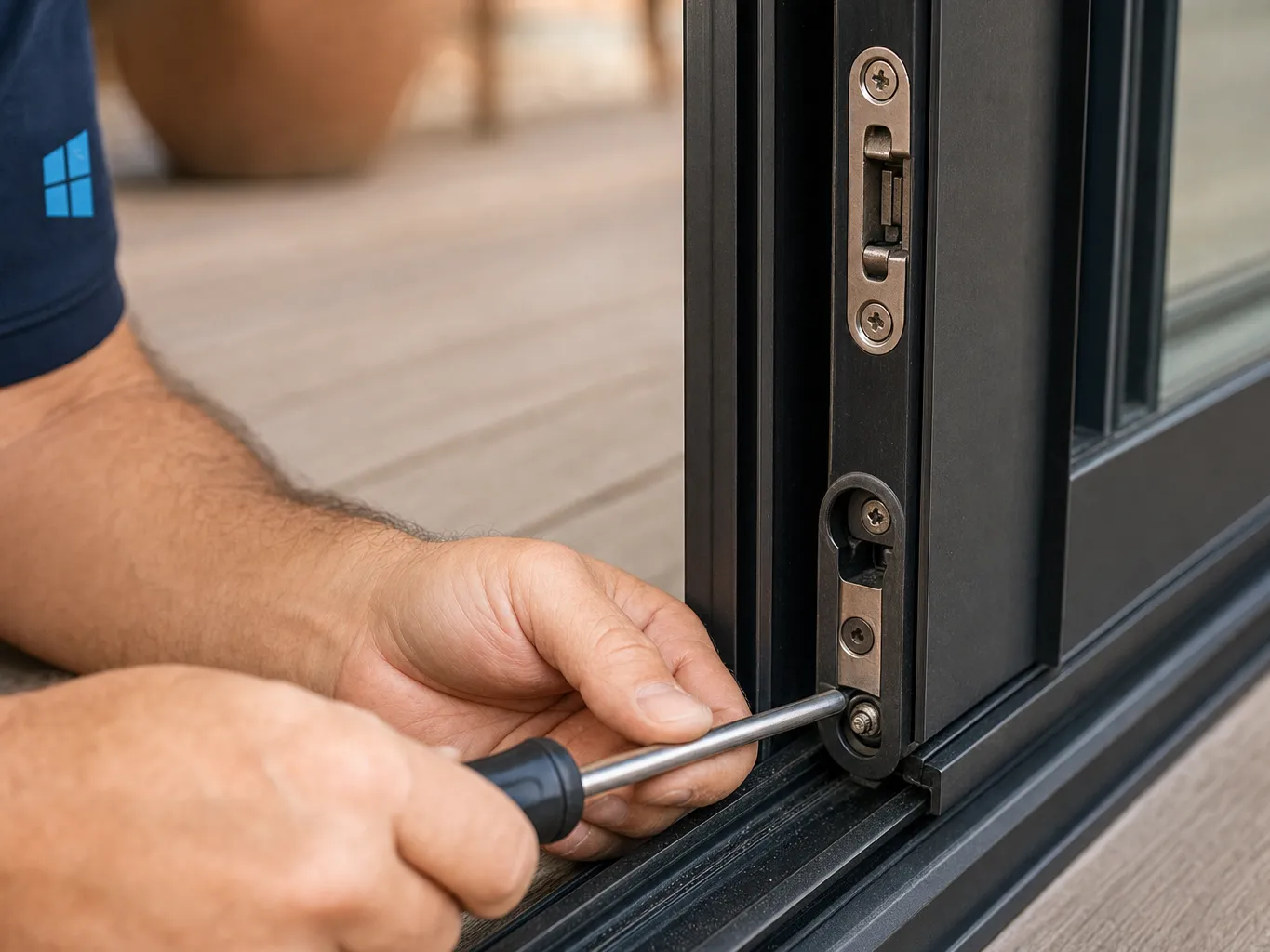 Close-up of hands adjusting the roller and lock mechanism on an aluminium sliding door