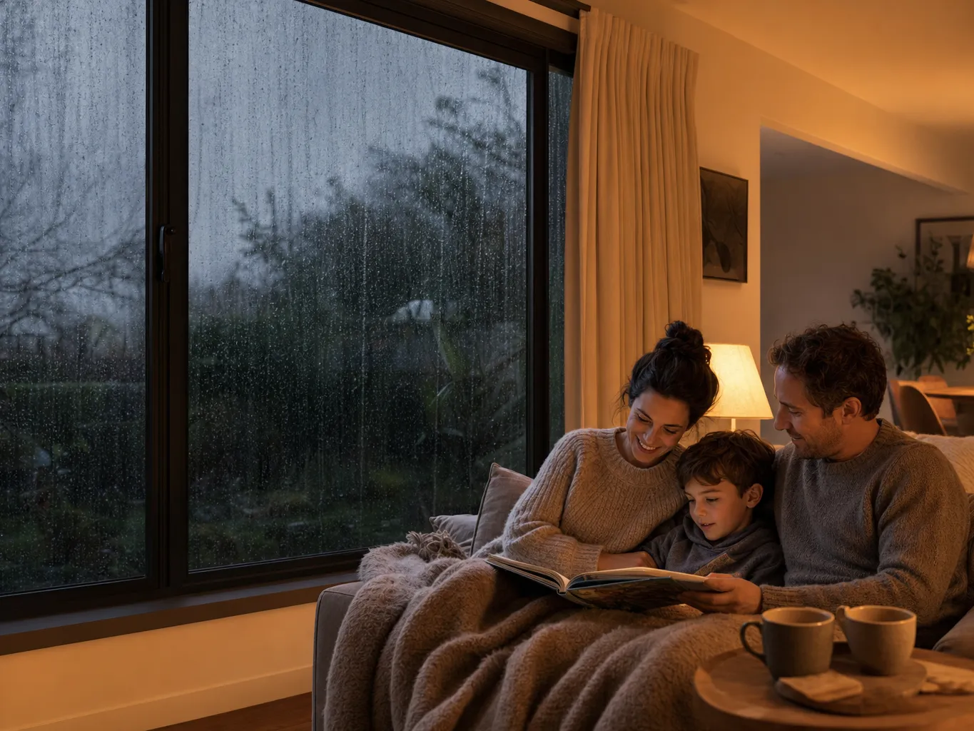 Cosy winter interior with a family beside a large double-glazed window while rain falls outside
