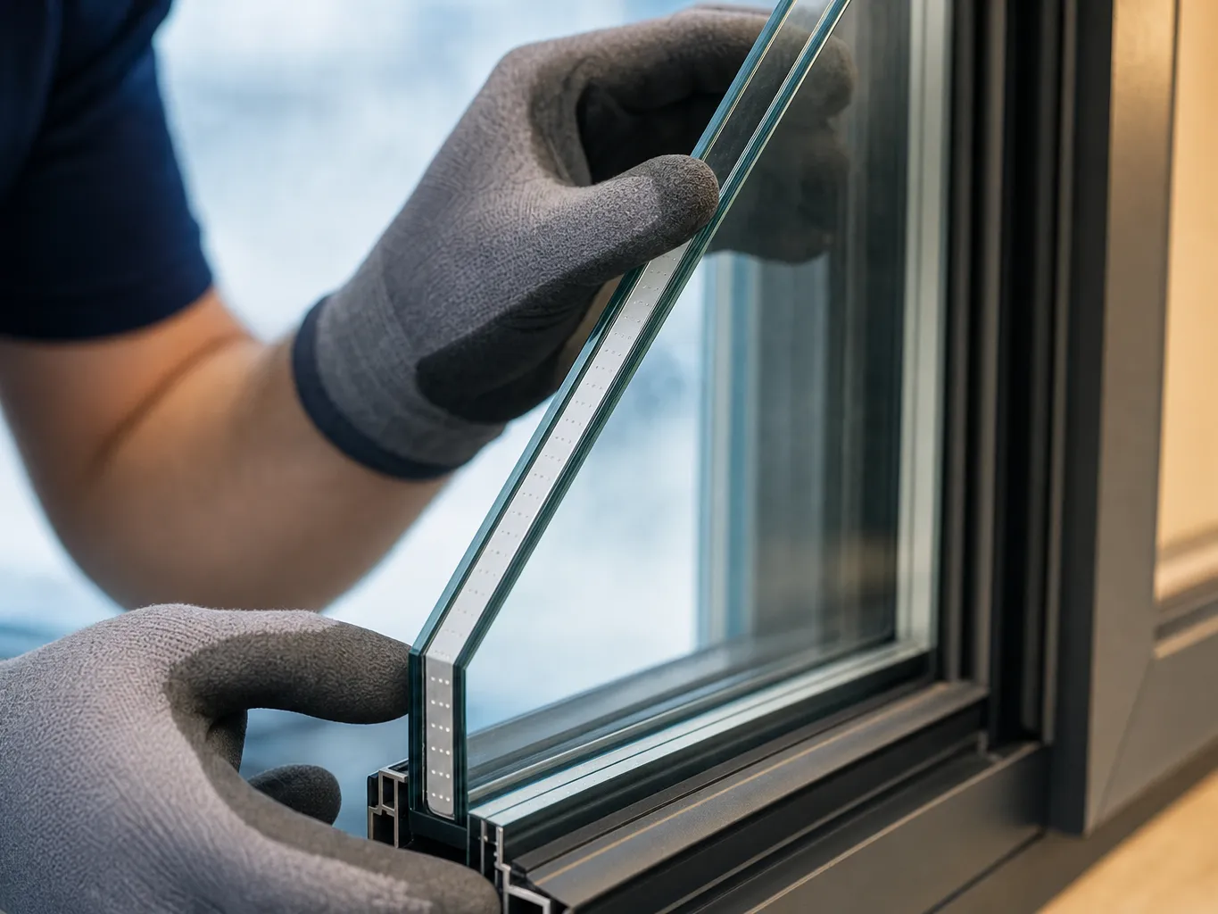 Installer's hands seating a thick double-glazed insulated glass unit into a black aluminium window frame