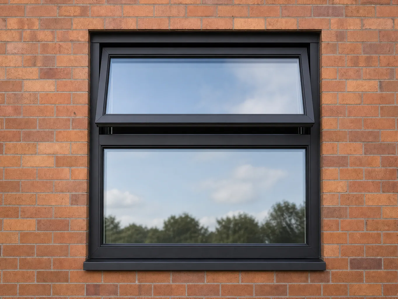 Finished window replacement — a new black aluminium double-glazed window fitted cleanly into the original opening
