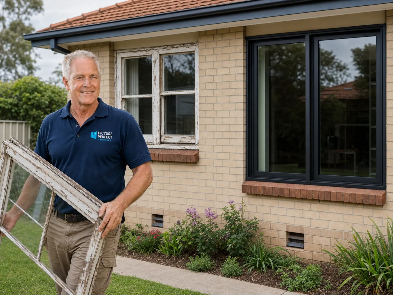 Brick-veneer home mid-upgrade — an old timber window beside a newly installed black aluminium double-glazed unit