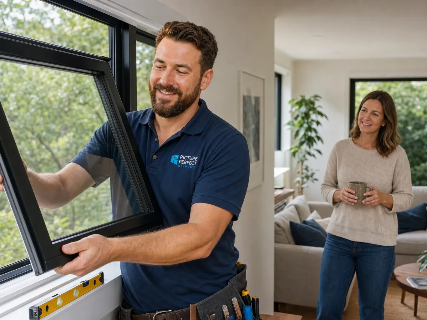 Installer levelling a new aluminium awning window sash on the sill while the homeowner looks on