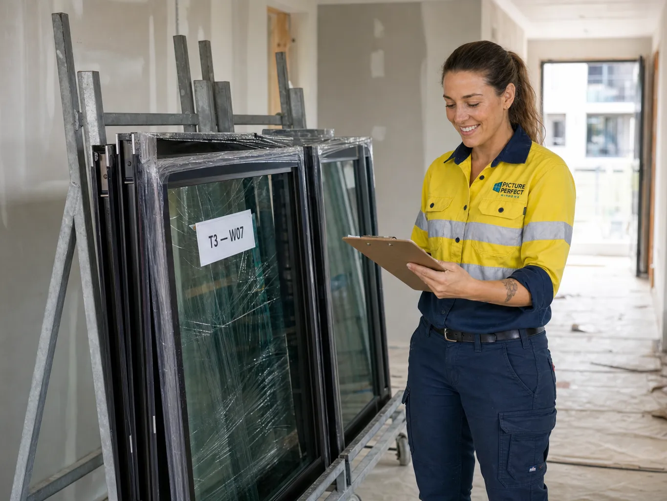 Labelled window units on an A-frame trolley in a townhouse corridor being checked against the delivery schedule