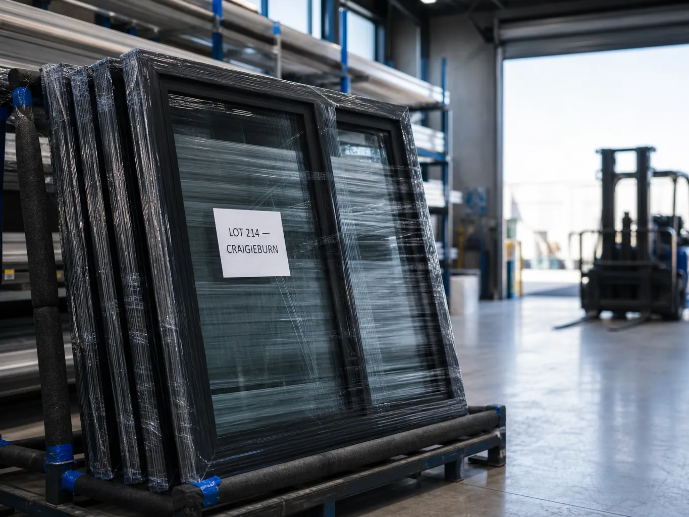 Stack of labelled, film-protected aluminium windows in the factory dispatch bay awaiting delivery